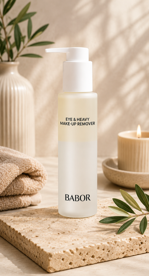BABOR Eye & Heavy Make-Up Remover in eleganter Pumpflasche vor modernem Spa-Hintergrund mit warmen Beige- und Cremetönen, Naturstein und stilvollen Wellness-Elementen. Hochwertige Beauty-Produktinszenierung mit cleanem Luxus-Look und entspannender Spa-Atmosphäre