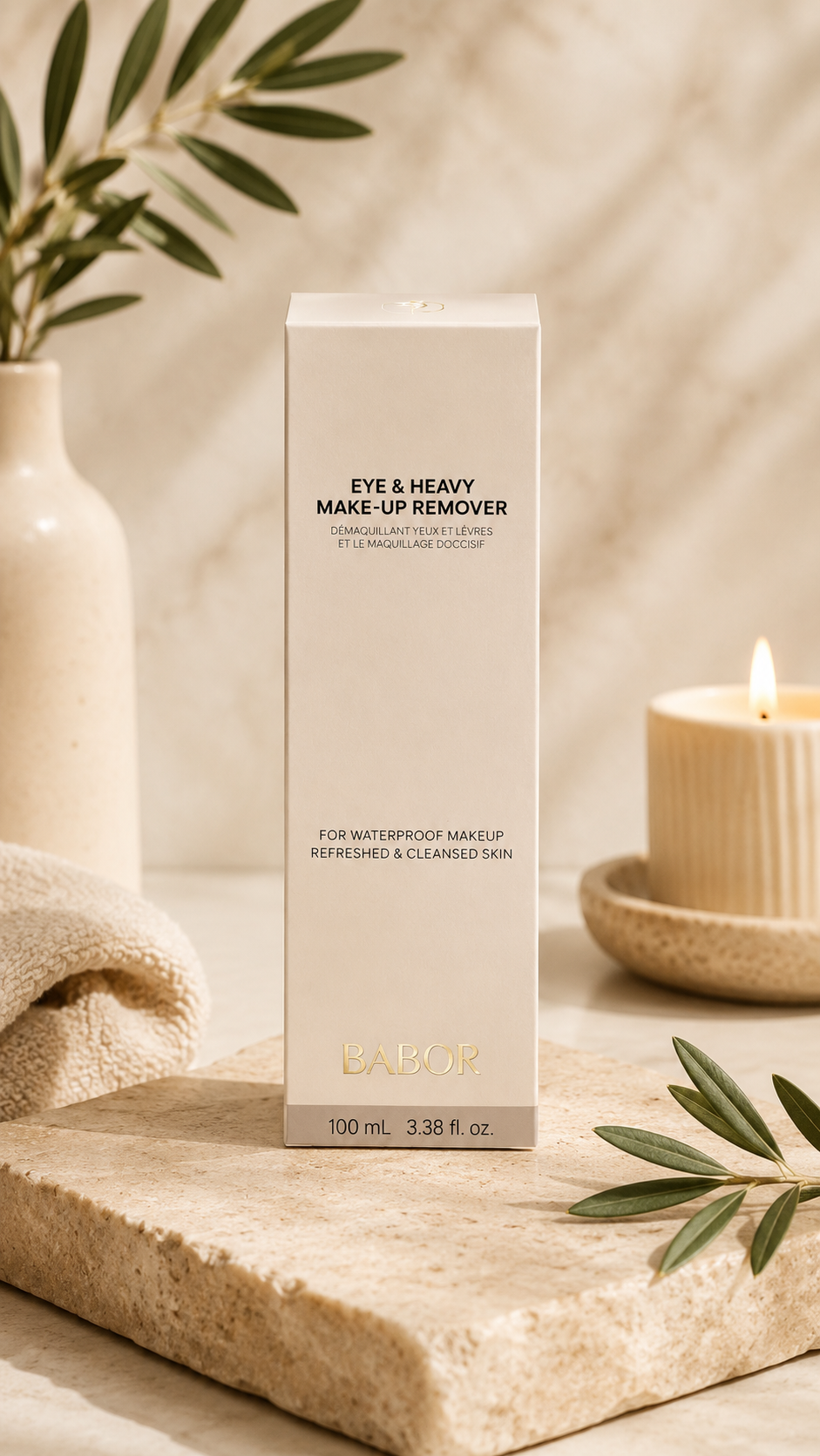 
BABOR Eye & Heavy Make-Up Remover in eleganter heller Verpackung vor modernem Spa-Hintergrund mit sanften Beige- und Cremetönen, Naturstein und stilvollen Wellness-Elementen. Hochwertige Beauty-Produktinszenierung mit cleanem Luxus-Look und entspannender Atmosphäre