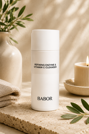 BABOR Refining Enzyme & Vitamin C Cleanser in eleganter weißer Verpackung vor modernem Spa-Hintergrund mit sanften Beige- und Cremetönen, Naturstein und stilvollen Wellness-Elementen. Hochwertige Beauty-Produktinszenierung mit cleanem Luxus-Look und entspannender Spa-Atmosphäre.