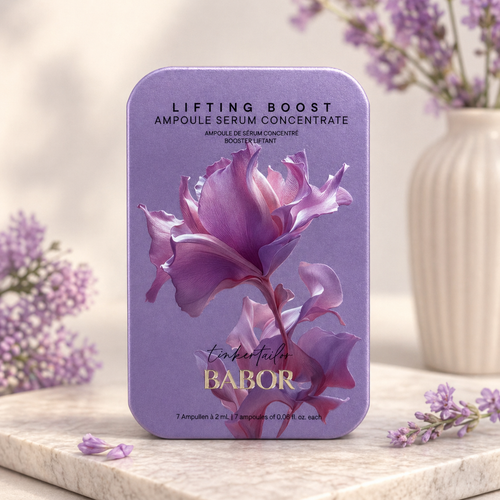 Babor lifting boost ampoule serum concentrate packaging with purple flowers on a light background