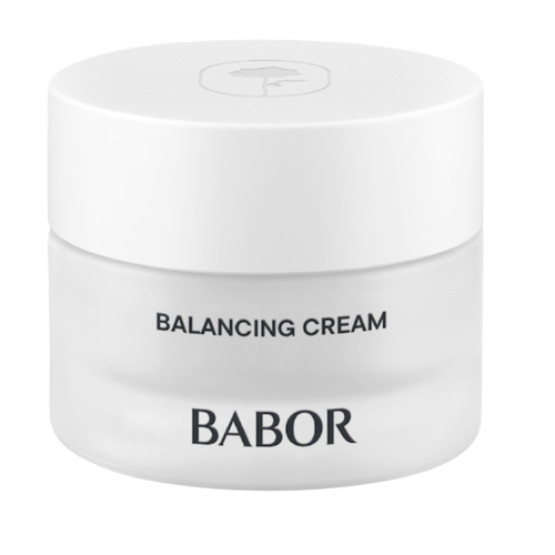 BABOR Balancing Cream in schlichtem, weißen Tiegel, ausgleichende Gesichtscreme für Mischhaut und ölige Haut, reguliert den Feuchtigkeitshaushalt und sorgt für ein klares, mattiertes Hautbild.