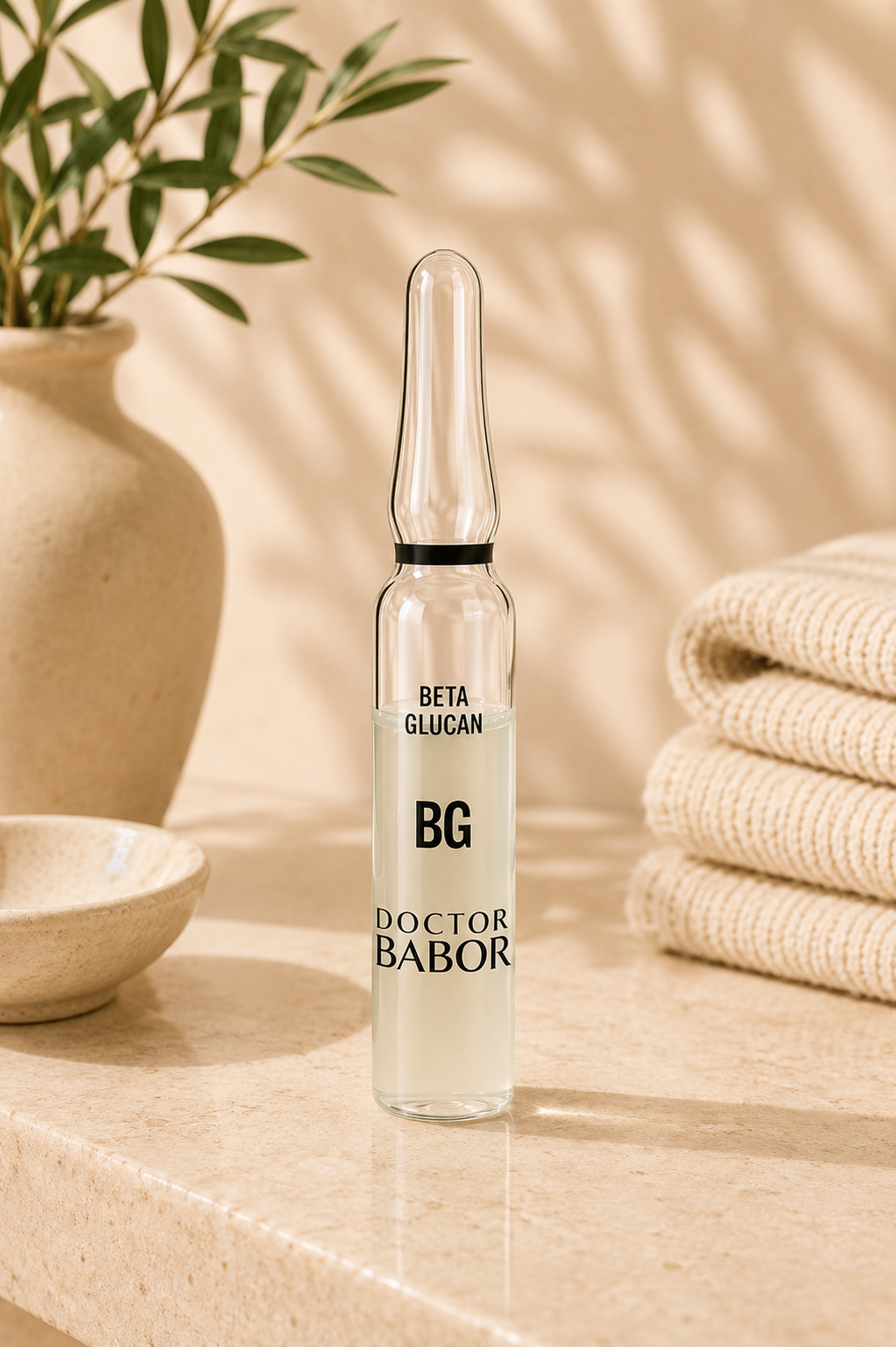 DOCTOR BABOR Beta Glucan Ampulle auf elegantem beigem Spa-Hintergrund – luxuriöse Wirkstoffampulle zur Unterstützung einer beruhigten, gestärkten und intensiv gepflegten Haut.