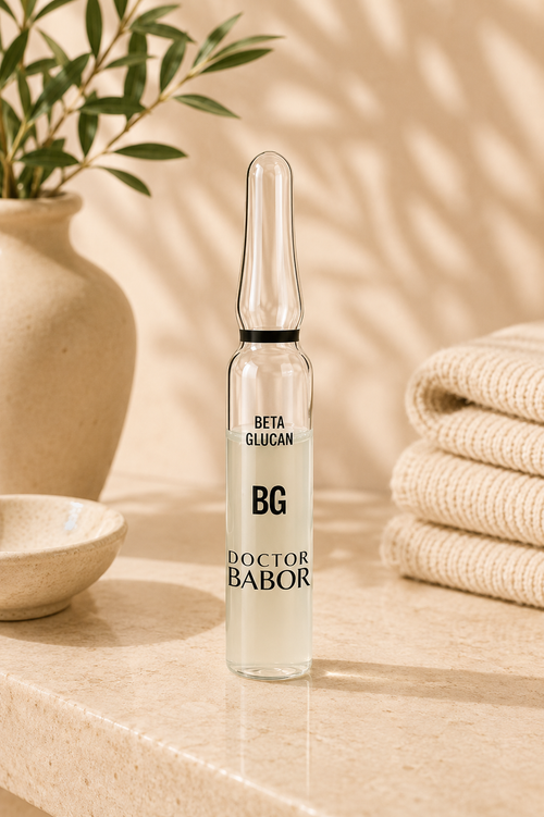 DOCTOR BABOR Beta Glucan Ampulle auf elegantem beigem Spa-Hintergrund – luxuriöse Wirkstoffampulle zur Unterstützung einer beruhigten, gestärkten und intensiv gepflegten Haut.