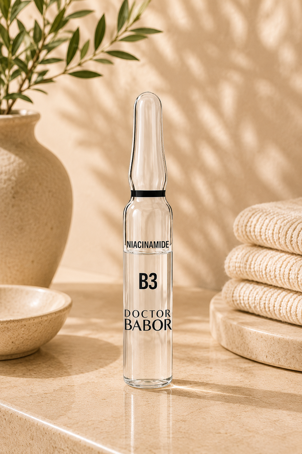 DOCTOR BABOR Niacinamide Ampulle auf elegantem beigem Spa-Hintergrund – luxuriöse Wirkstoffampulle mit Niacinamide zur Unterstützung verfeinerter Poren, eines ebenmäßigen Hautbildes und sichtbar glatterer Haut