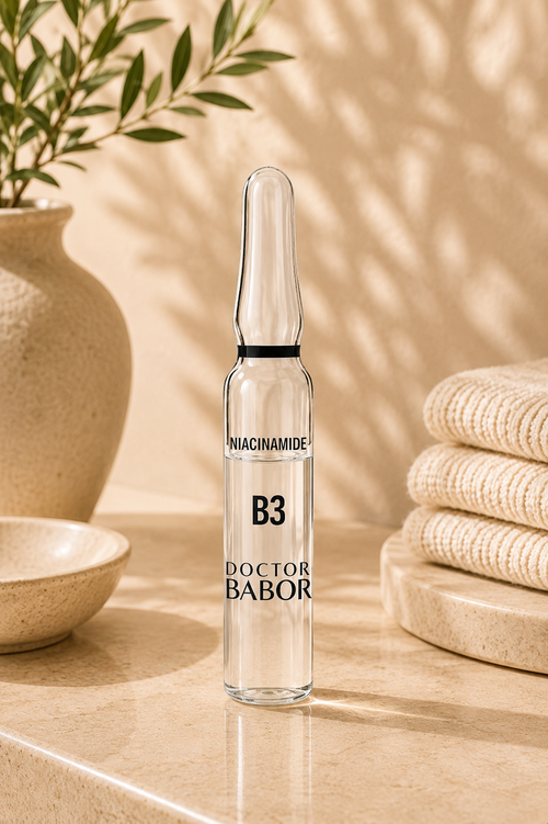 DOCTOR BABOR Niacinamide Ampulle auf elegantem beigem Spa-Hintergrund – luxuriöse Wirkstoffampulle mit Niacinamide zur Unterstützung verfeinerter Poren, eines ebenmäßigen Hautbildes und sichtbar glatterer Haut