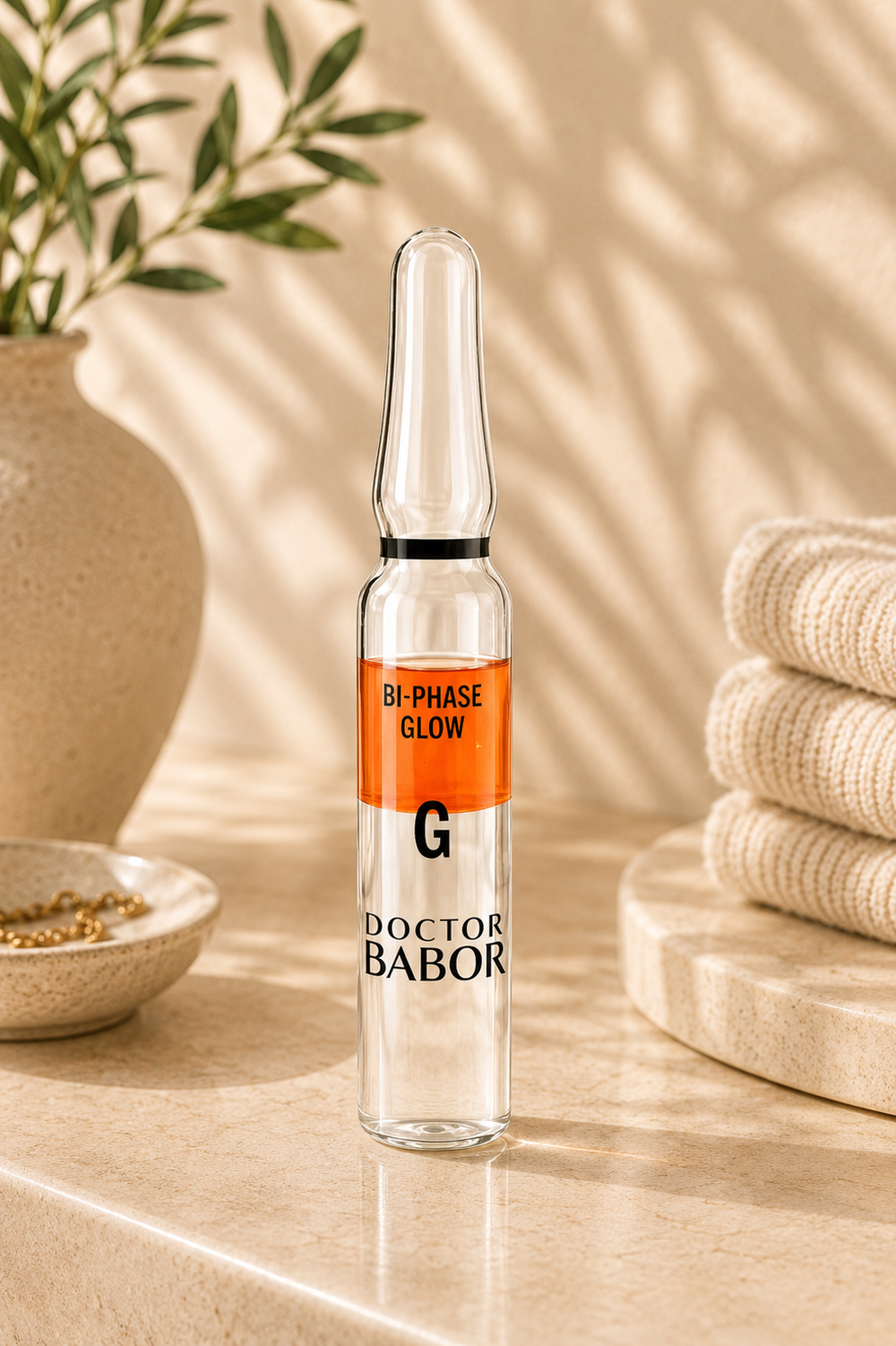 DOCTOR BABOR Bi-Phase Glow Ampulle auf elegantem beigem Spa-Hintergrund – luxuriöse Glow-Ampulle zur Unterstützung eines strahlenden, frischen und sichtbar revitalisierten Hautbildes