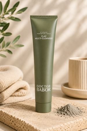 DOCTOR BABOR Clay Multi-Cleanser in eleganter grüner Tube vor modernem Spa-Hintergrund mit sanften Naturtönen, Naturstein und stilvollen Wellness-Elementen. Hochwertige Beauty-Produktinszenierung mit cleanem Luxus-Look und entspannender Spa-Atmosphäre.