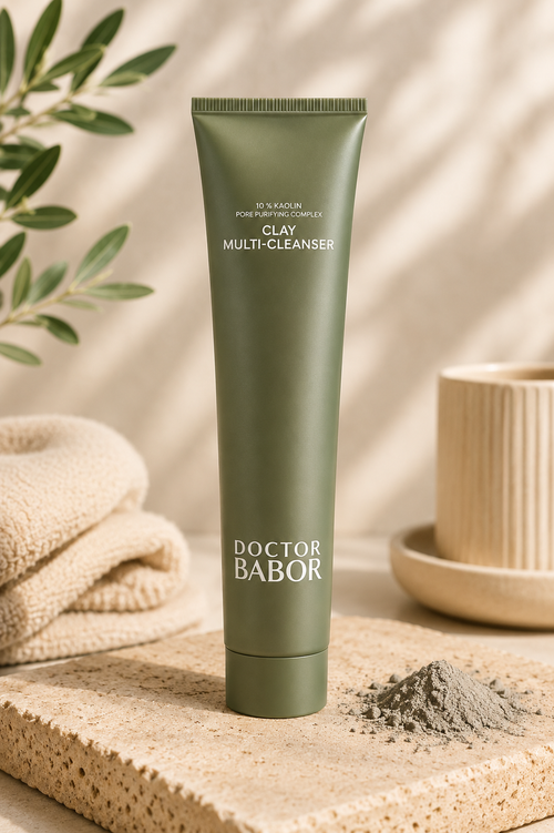 DOCTOR BABOR Clay Multi-Cleanser in eleganter grüner Tube vor modernem Spa-Hintergrund mit sanften Naturtönen, Naturstein und stilvollen Wellness-Elementen. Hochwertige Beauty-Produktinszenierung mit cleanem Luxus-Look und entspannender Spa-Atmosphäre.