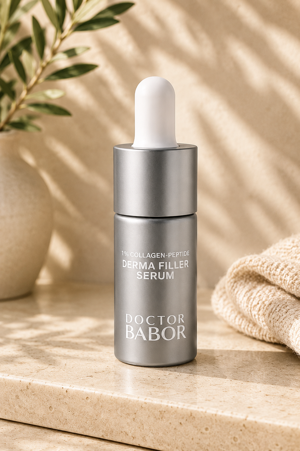 DOCTOR BABOR Derma Filler Serum mit Collagen-Peptide-Komplex auf elegantem beigem Spa-Hintergrund – luxuriöses Anti-Aging Serum zur Unterstützung von Hautelastizität, Feuchtigkeit und sichtbar glatterer Haut.