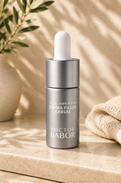 DOCTOR BABOR Derma Filler Serum mit Collagen-Peptide-Komplex auf elegantem beigem Spa-Hintergrund – luxuriöses Anti-Aging Serum zur Unterstützung von Hautelastizität, Feuchtigkeit und sichtbar glatterer Haut.
