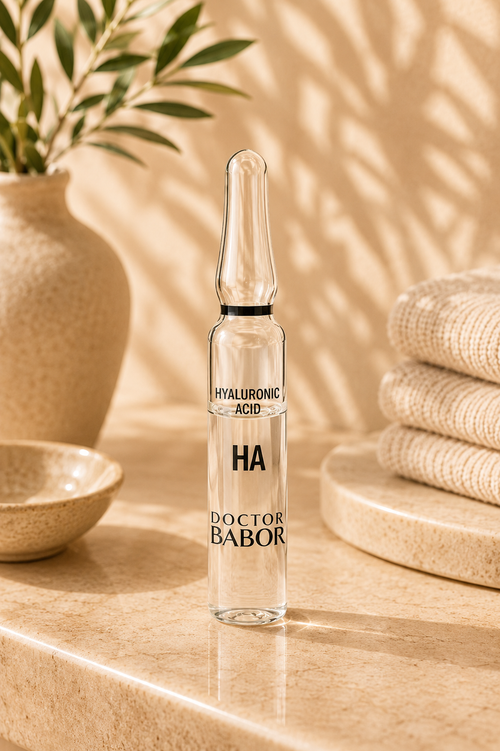 „DOCTOR BABOR Hyaluronic Acid Ampulle auf elegantem beigem Spa-Hintergrund – luxuriöse Wirkstoffampulle mit Hyaluronsäure zur intensiven Feuchtigkeitsversorgung und Unterstützung praller, glatter und strahlender Haut