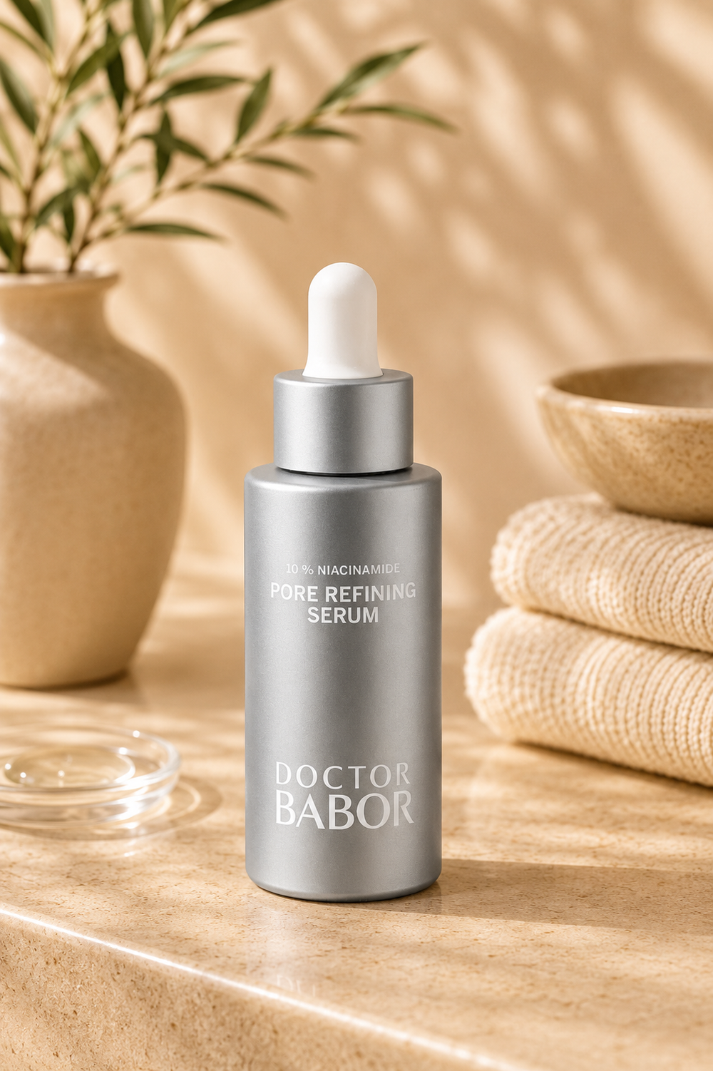 DOCTOR BABOR Pore Refining Serum mit Niacinamide auf elegantem beigem Spa-Hintergrund – luxuriöses Serum zur Unterstützung verfeinerter Poren, eines ebenmäßigen Hautbildes und sichtbar glatterer Haut.
