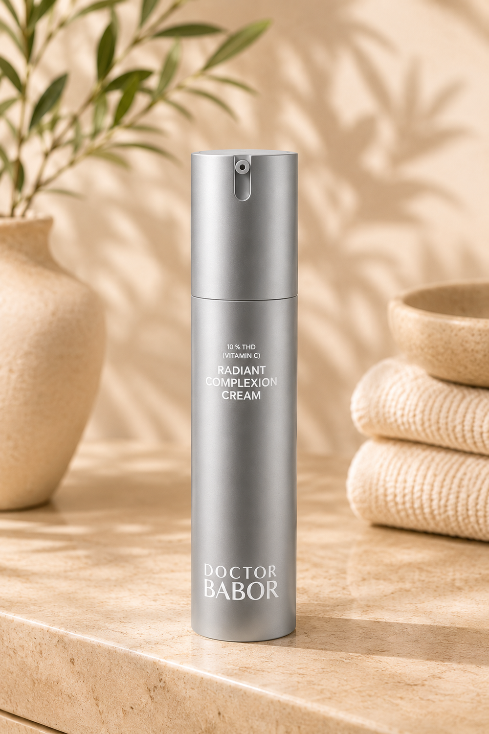 DOCTOR BABOR Radiant Complexion Cream mit Vitamin C auf elegantem beigem Spa-Hintergrund – luxuriöse Gesichtscreme zur Unterstützung eines strahlenden, ebenmäßigen und frisch wirkenden Hautbildes.