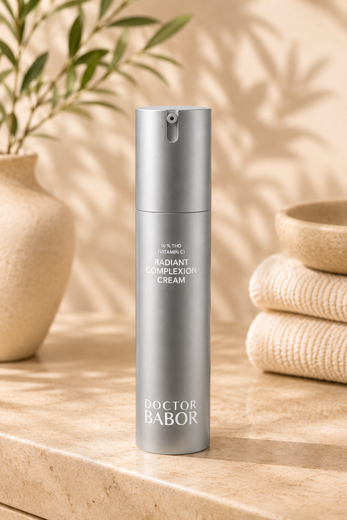 DOCTOR BABOR Radiant Complexion Cream mit Vitamin C auf elegantem beigem Spa-Hintergrund – luxuriöse Gesichtscreme zur Unterstützung eines strahlenden, ebenmäßigen und frisch wirkenden Hautbildes.