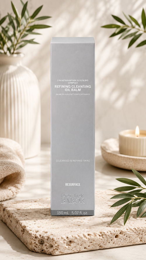 DOCTOR BABOR Refining Cleansing Oil Balm in eleganter Verpackung vor hellem Spa-Hintergrund mit Naturstein, sanften Beige- und Cremetönen sowie dekorativen Blättern. Hochwertige Beauty-Produktinszenierung mit modernem Clean-Luxury-Feeling und entspannender Wellness-Atmosphäre