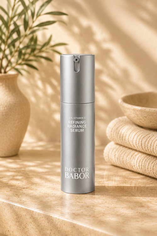 DOCTOR BABOR Refining Radiance Serum mit Vitamin C auf elegantem beigem Spa-Hintergrund – luxuriöses Serum zur Unterstützung eines ebenmäßigen, strahlenden und verfeinerten Hautbildes