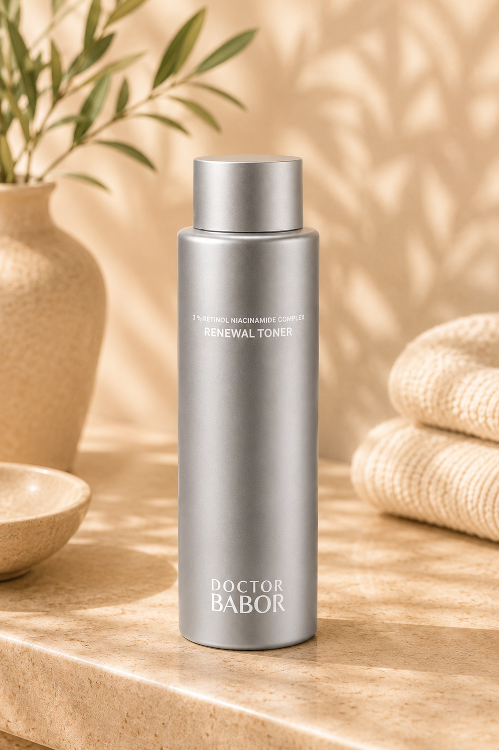 DOCTOR BABOR Renewal Toner mit Retinol-Niacinamide Complex auf elegantem beigem Spa-Hintergrund – luxuriöser Gesichtstoner zur Unterstützung eines verfeinerten, glatten und ebenmäßigen Hautbildes.“