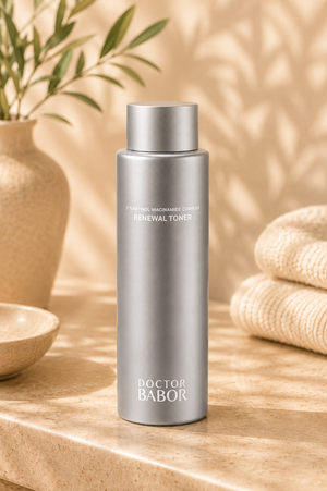 DOCTOR BABOR Renewal Toner mit Retinol-Niacinamide Complex auf elegantem beigem Spa-Hintergrund – luxuriöser Gesichtstoner zur Unterstützung eines verfeinerten, glatten und ebenmäßigen Hautbildes.“
