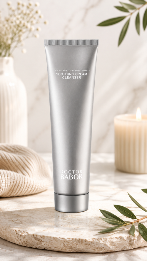 DOCTOR BABOR Soothing Cream Cleanser in silberner Tube vor modernem Spa-Hintergrund mit sanften Beige- und Naturtönen. Hochwertige Beauty-Produktinszenierung mit cleanem Luxus-Look, weichem Licht und entspannender Wellness-Atmosphäre