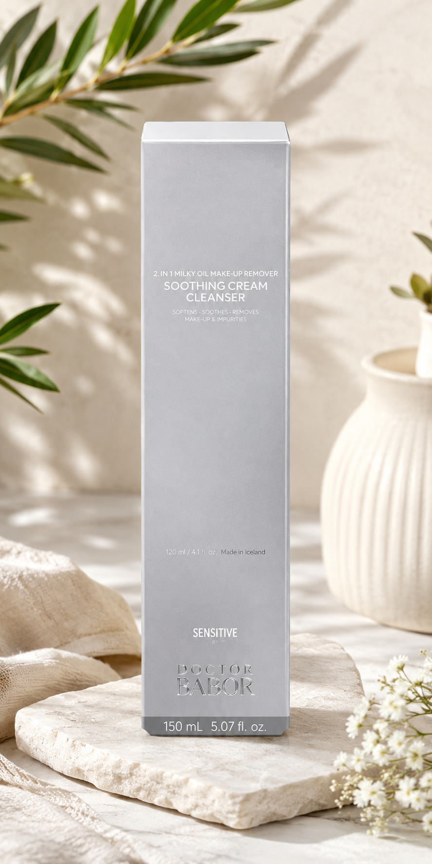 DOCTOR BABOR Soothing Cream Cleanser für sensible Haut vor elegantem, hellem Spa-Hintergrund mit cleanem Luxus-Design in Beige- und Weißtönen. Hochwertige Produktdarstellung mit sanften Schatten und modernem Beauty-Ambiente