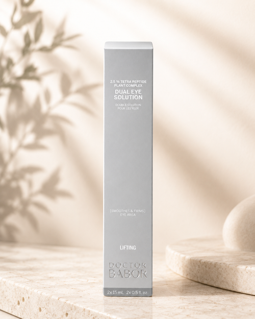 DOCTOR BABOR Dual Eye Solution Augenpflege mit modernem Luxus-Design auf elegantem beigem Hintergrund – hochwertige Anti-Aging Augencreme und Gel gegen Falten, Schwellungen und müde Augen.