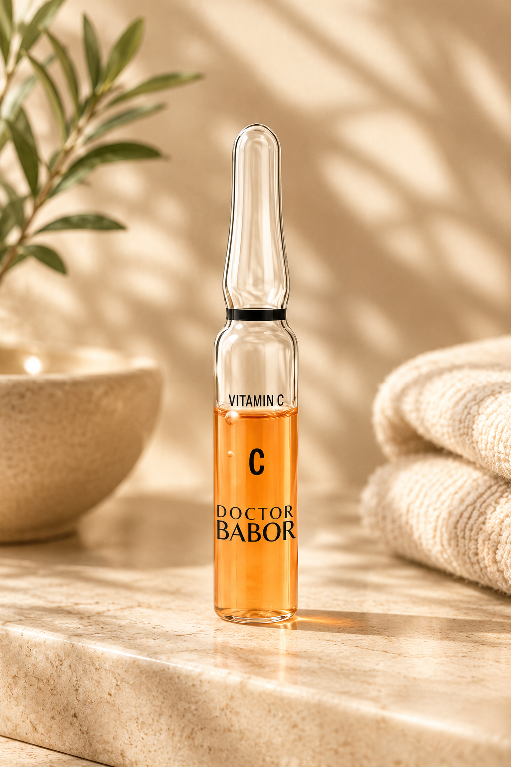 DOCTOR BABOR Vitamin C Ampulle auf elegantem beigem Spa-Hintergrund – luxuriöse Wirkstoffampulle mit Vitamin C zur Unterstützung eines strahlenden, ebenmäßigen und revitalisierten Hautbildes