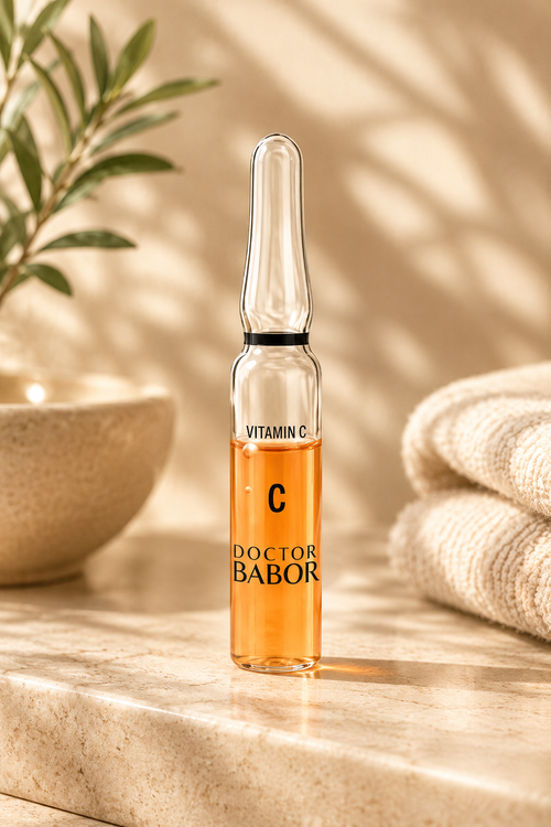 DOCTOR BABOR Vitamin C Ampulle auf elegantem beigem Spa-Hintergrund – luxuriöse Wirkstoffampulle mit Vitamin C zur Unterstützung eines strahlenden, ebenmäßigen und revitalisierten Hautbildes