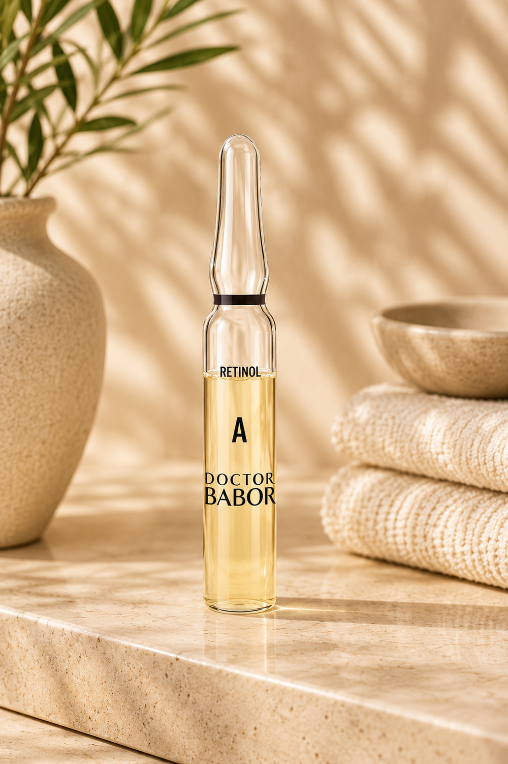 DOCTOR BABOR Retinol Ampulle auf elegantem beigem Spa-Hintergrund – luxuriöse Wirkstoffampulle mit Retinol zur Unterstützung der Hauterneuerung, eines glatteren Hautbildes und sichtbar verfeinerter Hautstruktur.