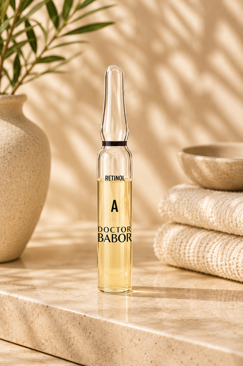 DOCTOR BABOR Retinol Ampulle auf elegantem beigem Spa-Hintergrund – luxuriöse Wirkstoffampulle mit Retinol zur Unterstützung der Hauterneuerung, eines glatteren Hautbildes und sichtbar verfeinerter Hautstruktur.