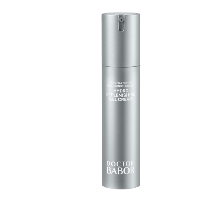 Doctor Babor Hydro Replenishing Gel Cream in silberner Verpackung, leichte feuchtigkeitsspendende Gel-Creme für intensive Hydration und frische, aufgepolsterte Haut.
