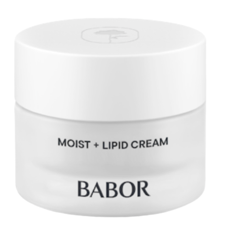 BABOR Moist + Lipid Cream in schlichtem, weißen Tiegel, reichhaltige Gesichtscreme für trockene Haut, stärkt die Hautbarriere und sorgt für intensive Pflege und ein geschmeidiges Hautgefühl.