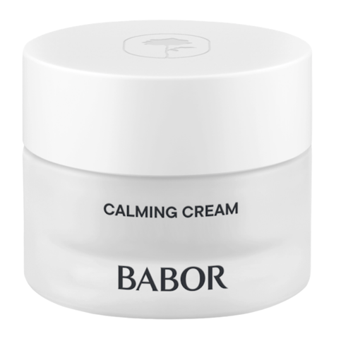BABOR Calming Cream in schlichtem, weißen Tiegel, beruhigende Gesichtscreme für empfindliche Haut, reduziert Rötungen und sorgt für ein ausgeglichenes, entspanntes Hautgefühl.