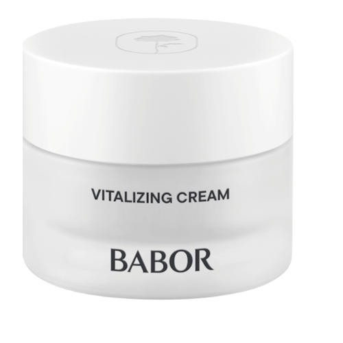 BABOR Vitalizing Cream in schlichtem, weißen Tiegel, revitalisierende Gesichtscreme für mehr Energie, Ausstrahlung und ein frisches, ebenmäßiges Hautbild.